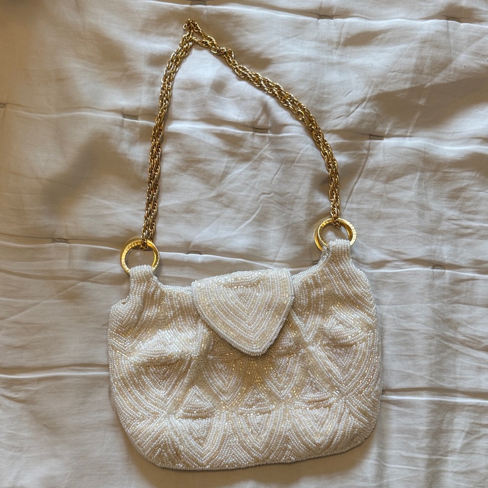 Vintage White Beaded Women's Bag with Gold Chain